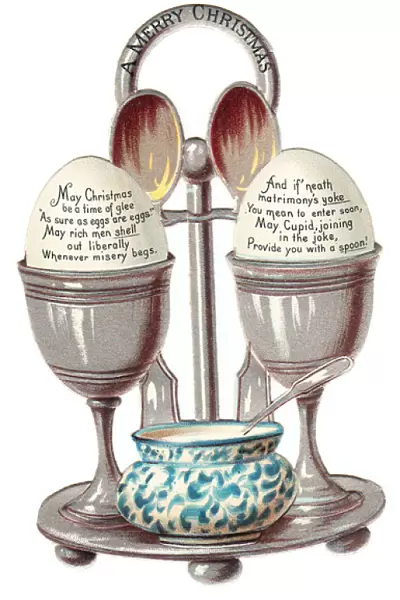 Eggcup stand with two eggs on a cutout Christmas card