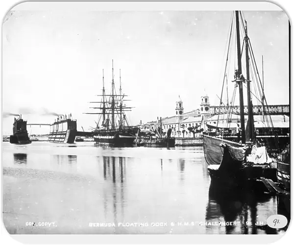 View of H. M. S. Challenger at floating dock in Bermuda