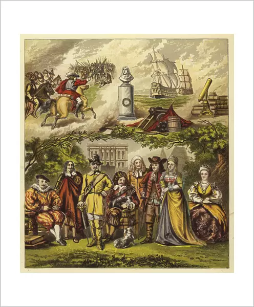 Stuarts, Commonwealth, and House of Orange; King James I, King Charles I, Oliver Cromwell, King Charles II, King James II, William and Mary, Queen Anne (chromolitho)