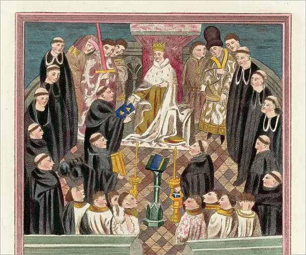 King Henry VI and his Parliament at Bury (coloured engraving)