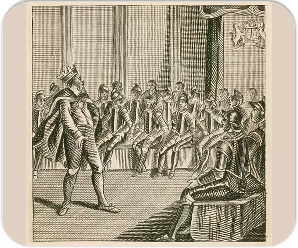 King Henry III entering parliament and finding the barons clad in armour, 1258 (engraving)