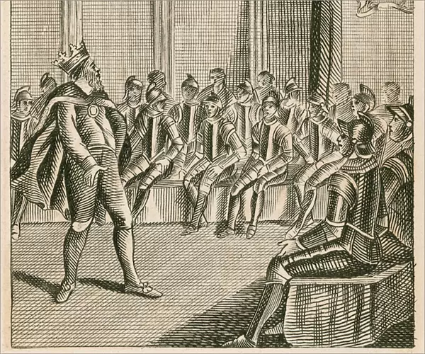 King Henry III entering parliament and finding the barons clad in armour, 1258 (engraving)