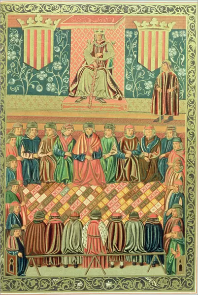 King James I the Conqueror presiding over the Cortes of Lleida in March 1242, from a manuscript of the Constitucions de Catalunya, 1495 (vellum)
