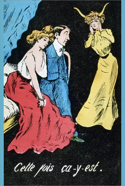 French adultery caricature postcard, c1900