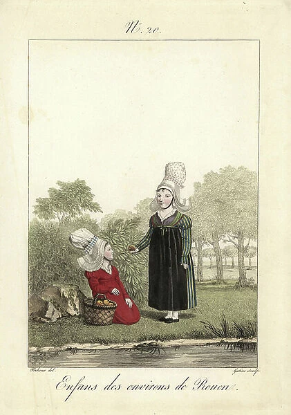 Children's costumes from the environs of Rouen. Handcoloured fashion plate illustration by Pecheux engraved by Gatine from Louis-Marie Lante's 105 Costumes of the Departments along the Seine, Durand Aine, Paris, 1827