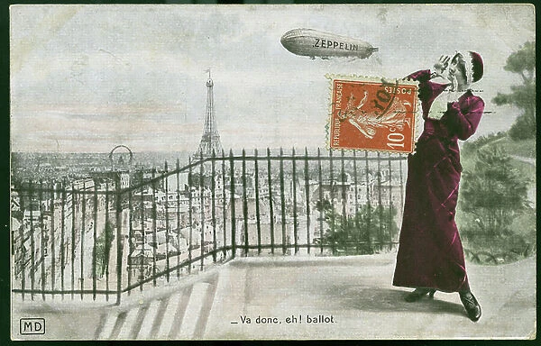 First World War: France, Patriotic map showing a woman mocking a Zeppelin over Paris, 1915, titled map, Vas donc eh ballot