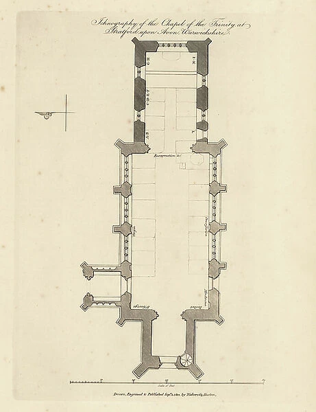 Ichnography of the Chapel of the Trinity, Stratford upon Avon, Warwickshire. Etching by Thomas Fisher from his Paintings on the Walls of the Chapel of the Trinity