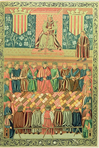 King James I the Conqueror presiding over the Cortes of Lleida in March 1242, from a manuscript of the Constitucions de Catalunya, 1495 (vellum)