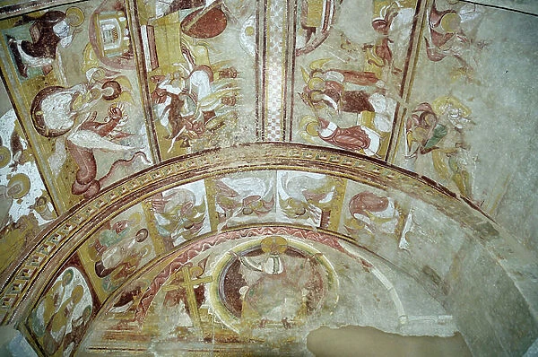 Romanesque art: fresco of the porch of the abbey of Saint Savin on Gartempe 'Christ in Glory (majestic) welcomes the faithful'. The decor of the porch revolves around Christ