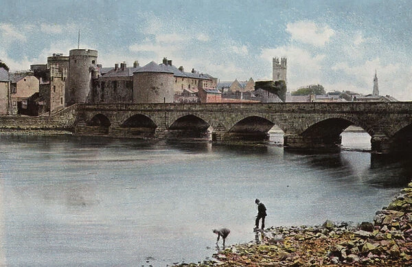 Southern Ireland: Thomond Bridge and King Johns Castle, Limerick (coloured photo)