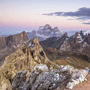 Italy, Veneto, Belluno district, mount Averau, high angle view of Giau pass, Cernera group