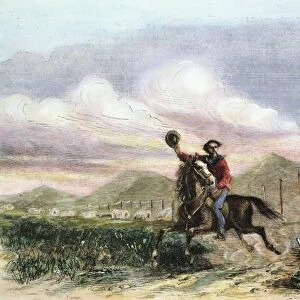 PONY EXPRESS, 1867. The Overland Pony Express. Color engraving