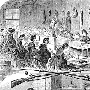 UNION ARSENAL, 1861. Women workers filling cartridges at the U. S. Arsenal at Watertown, Massachusetts, during the American Civil War. Wood engraving, 1861, after Winslow Homer