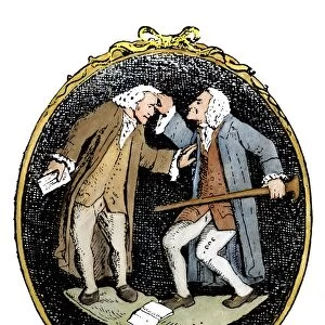 VOLTAIRE & ROUSSEAU. Jean-Jacques Rousseau (1712-1778), French philosopher and author with Voltaire, assumed name of Francois Marie Arouet (1694-1778), French writer. An animated discussion between the two philosophers, with Voltaire resorting to vigorous argument: colored engraving after a late 18th century design