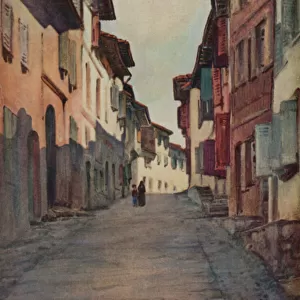 Basque Country: Street in Old Town, St Jean-Pied-de-Port (colour litho)