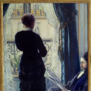 Interior, woman in the window (woman behind the window next to a man sitting reading a