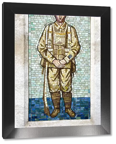 War Memorial, High Street, Ledbury, Herefordshire. Mosaic tiles depicting a WW1 soldier