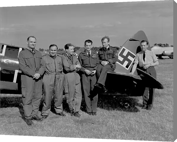 Pilots of 5 and 17 Squadron who flew Spitfires painted to represent Me109s at RAF Display, Farnborough