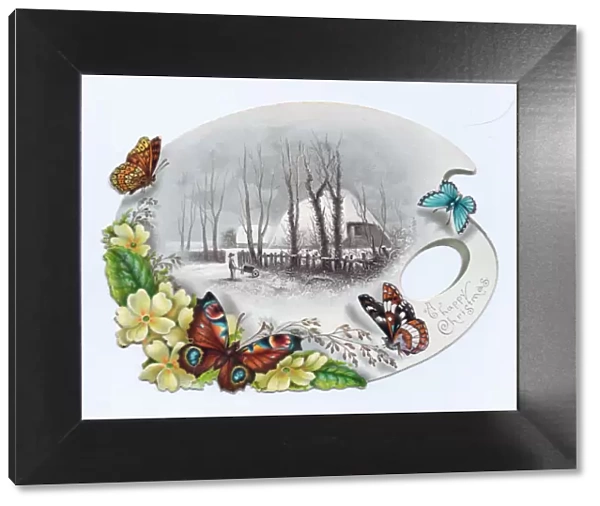 Butterflies and flowers on a palette-shaped Christmas card