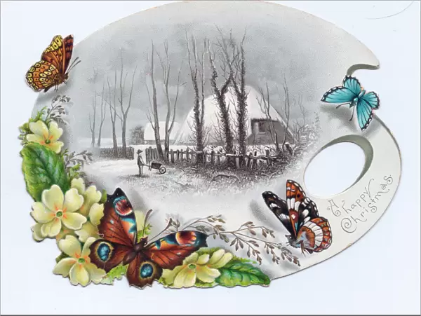 Butterflies and flowers on a palette-shaped Christmas card