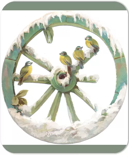 Blue tits perched on a wheel on a cutout Christmas card