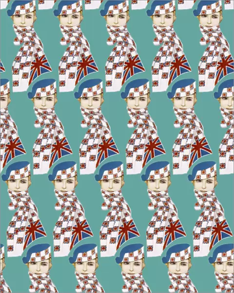 Repeating Pattern - Girl in Union Jack Flag Scarf, turquoise