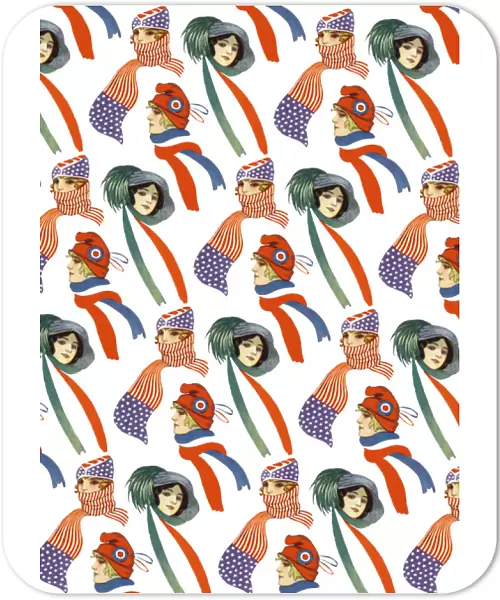 Repeating Pattern - three women in scarves and hats, white