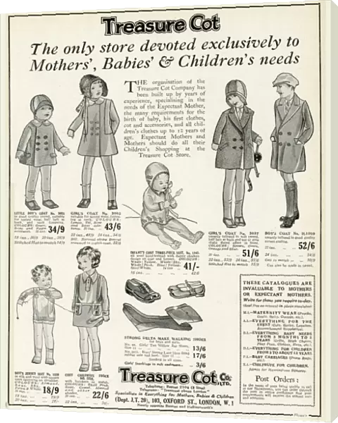 Advert for Treasure cot: Mother babies & childs wear 1930