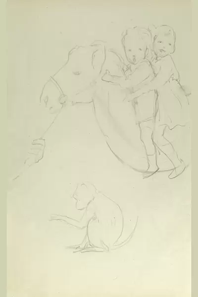 Pencil sketch of two children on horseback