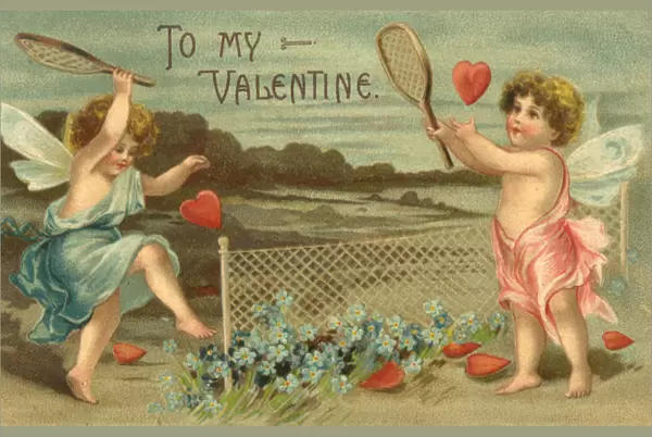 Two cherubs playing tennis with love hearts