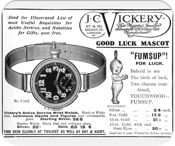 J. C. Vickery advertisement with Fums Up lucky mascot, WW1