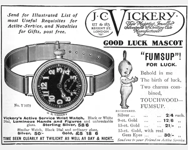 J. C. Vickery advertisement with Fums Up lucky mascot, WW1