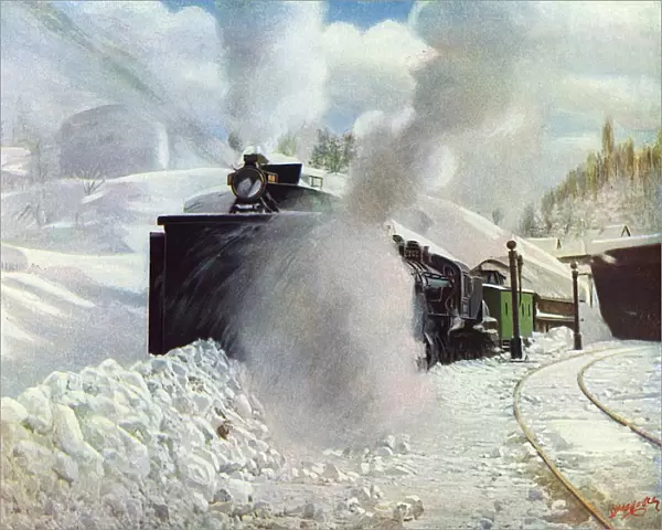 Train with snow plough at Blue Canyon, California