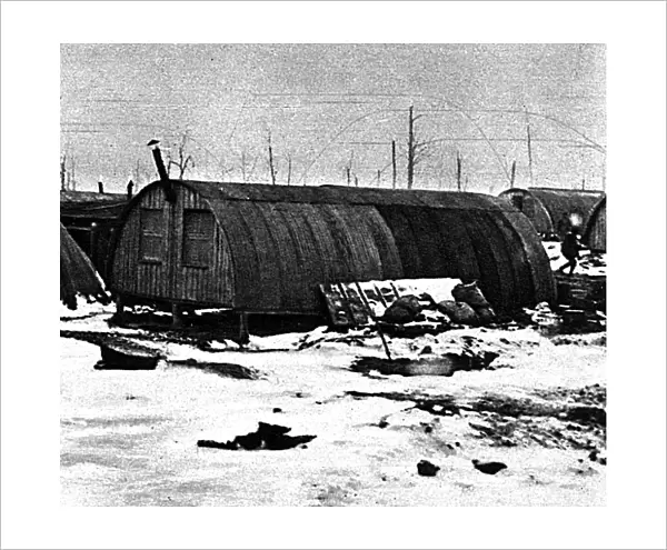 Weatherproof winter field-barracks: snowy Nissen huts, 1917