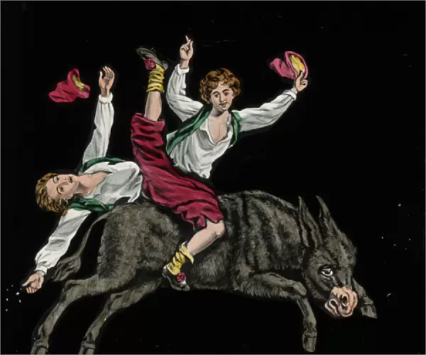 Picture of man riding a donkey and another falling off