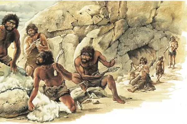 Prehistory. Paleolithic. Hunters manufacturing weapons