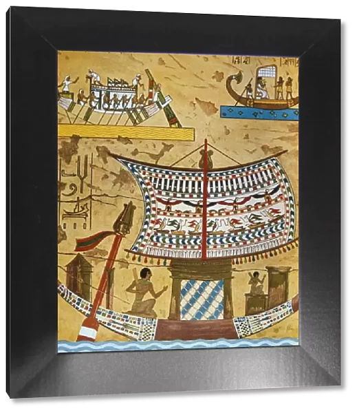 Egyptian ship on the Nile. Egyptian art. Painting