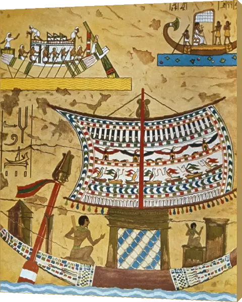Egyptian ship on the Nile. Egyptian art. Painting