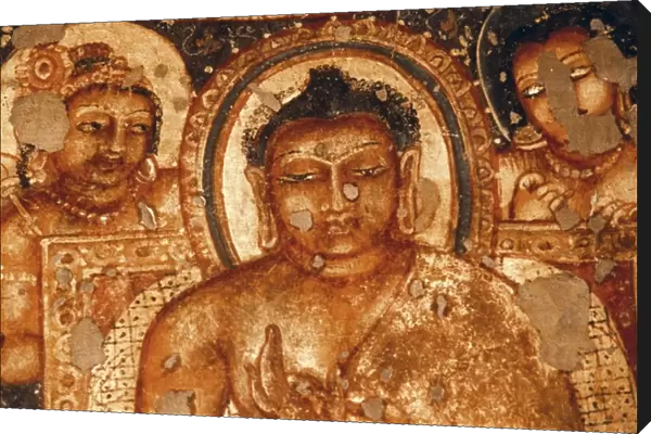 INDIA. Ajanta. Ajanta Caves. Detail of face of Buddha