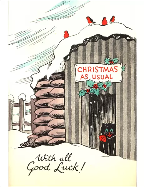 WW2 Christmas card, cat in air raid shelter