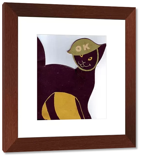 WW2 greetings card, black cat in helmet
