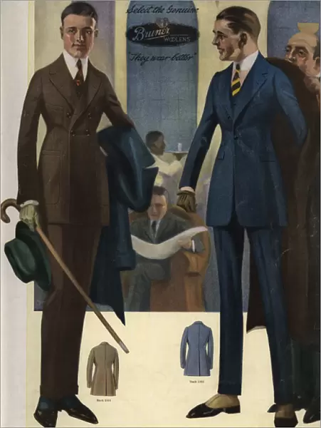 Mens two-button, single-breasted suits in sack, 1920s