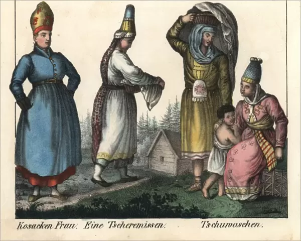 Cossack woman, Mari woman, and Chuvash women with a child
