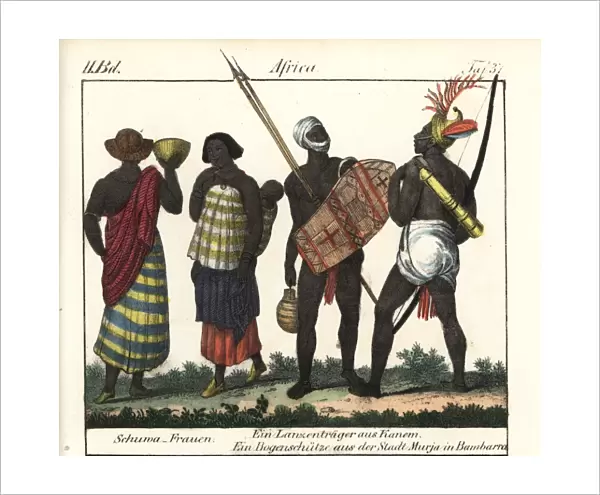 Shooa women with baby, Kanem spearman, and Bambara bowman