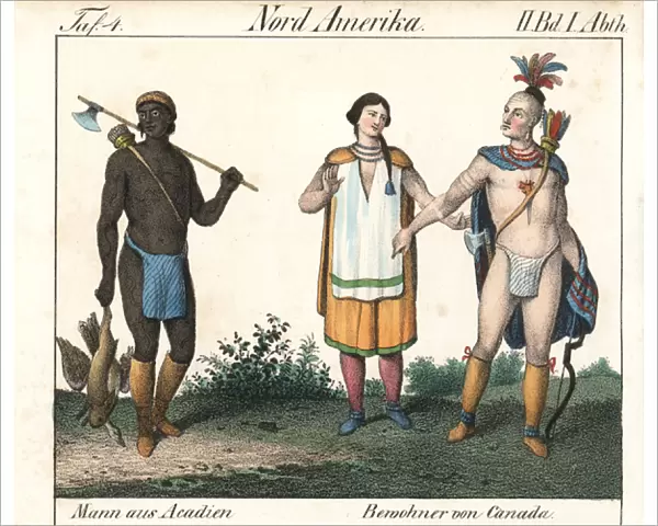Tattooed Acadian man, and male and female natives of Canada