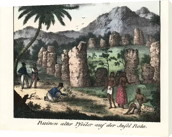 French explorers at ancient Chamorro stone