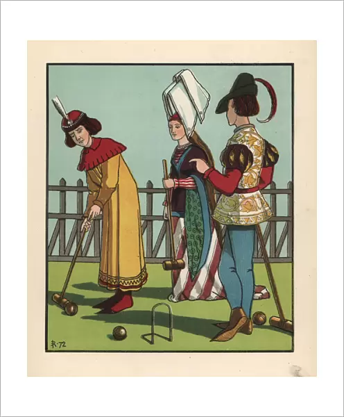 Medieval men and woman playing croquet with mallet and hoops