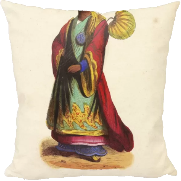 Burmese nobleman in embroidered robes, hat, and slippers