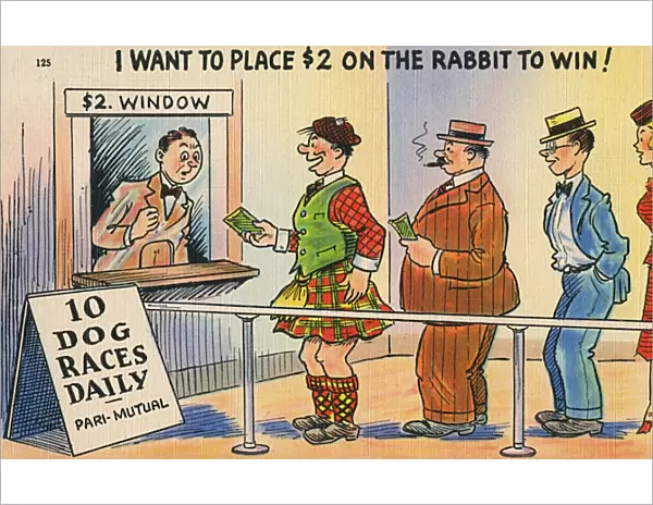 American cartoon, Scotsman placing a bet at the dog track