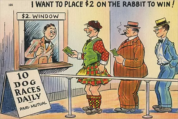 American cartoon, Scotsman placing a bet at the dog track
